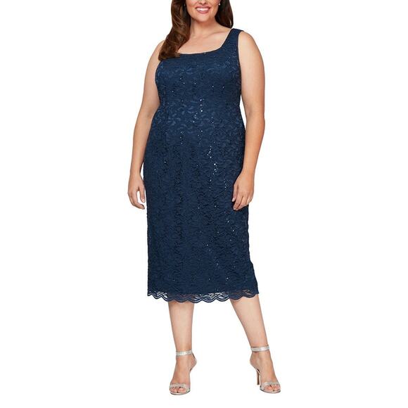 Alex Evenings Lace Cocktail Dress Women's Plus 14W Blue Sleeveless Midi NWT - Picture 1 of 11